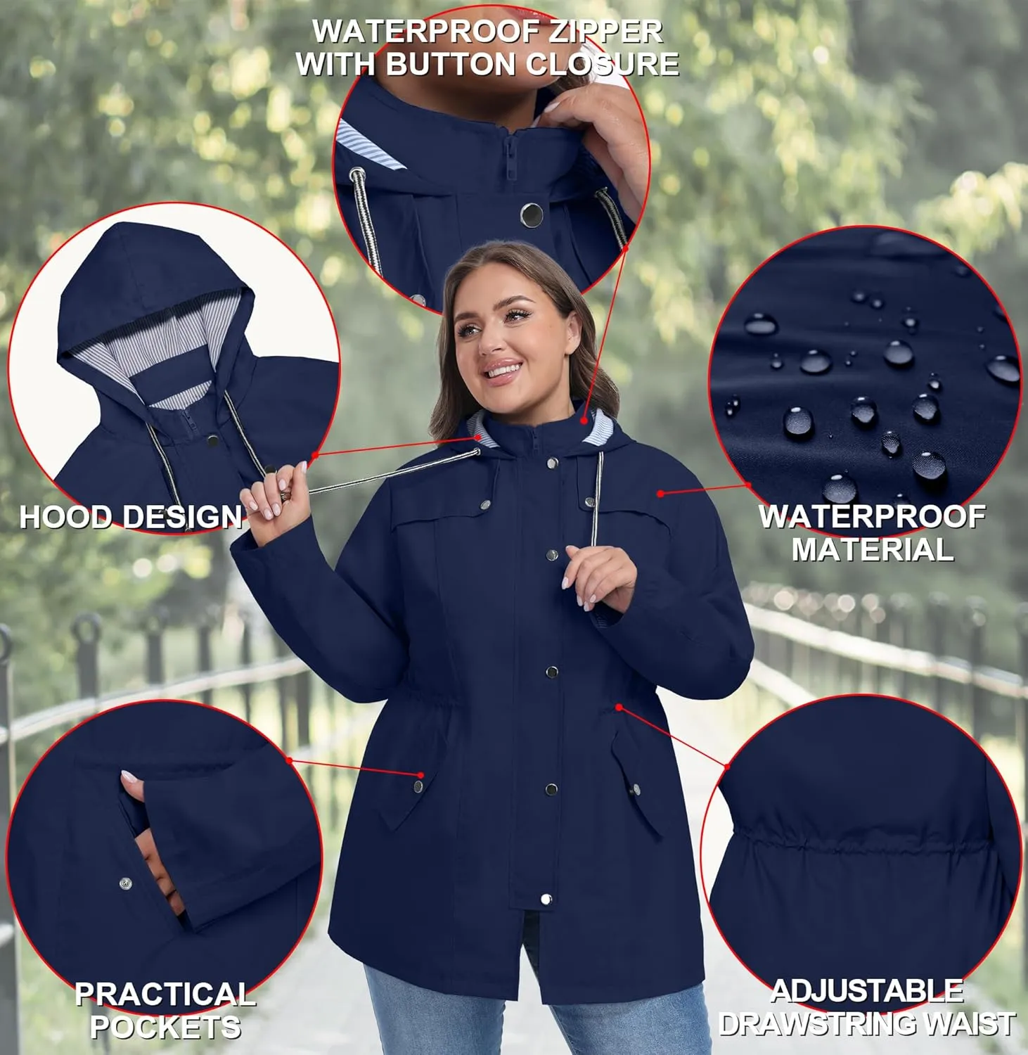 FOREYOND Plus Size Rain Jackets for Women with Hood Long Waterproof Windbreaker Outdoor Travel Trench Coats with Pockets