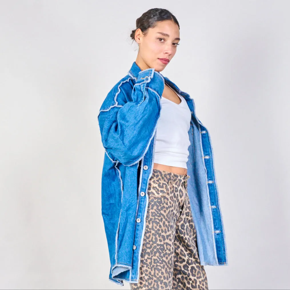 Frayed trim denim shirt jacket wholesale