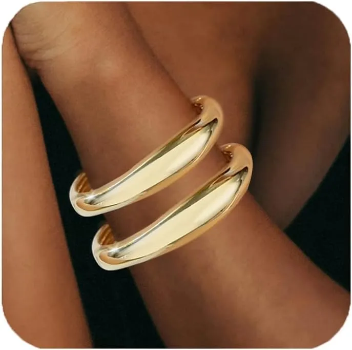 Gold Bangles Bracelets for Women Chunky Gold Cuff Bracelet Set 2PCS Trendy Bracelet for Women Irregular Cuff Hinged Wide 14K Gold Plated Bracelet