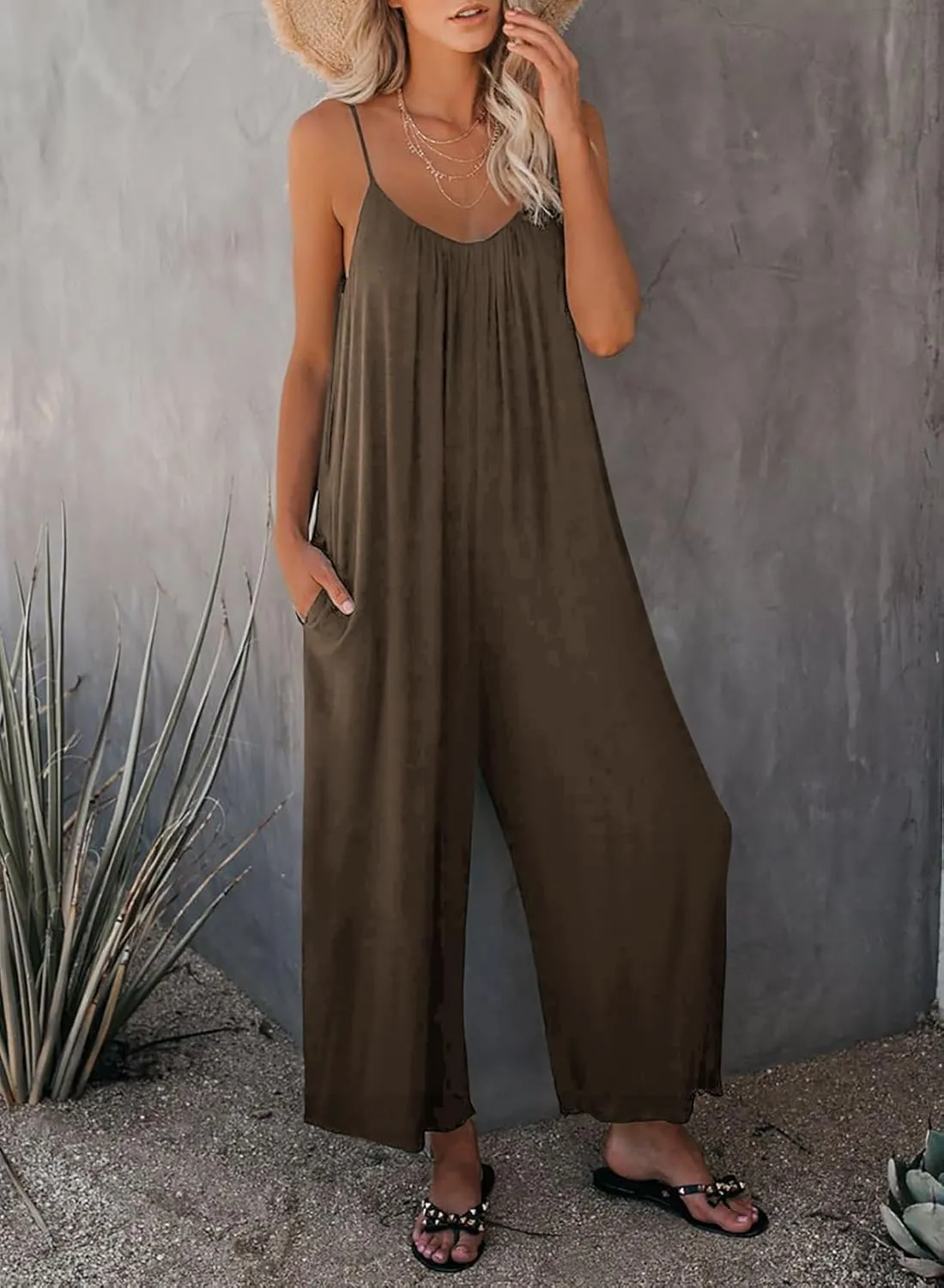Happy Sailed Womens Casual Jumpsuits Loose Overalls Summer Sleeveless Stretchy Wide Leg Long Pants Romper with Pockets
