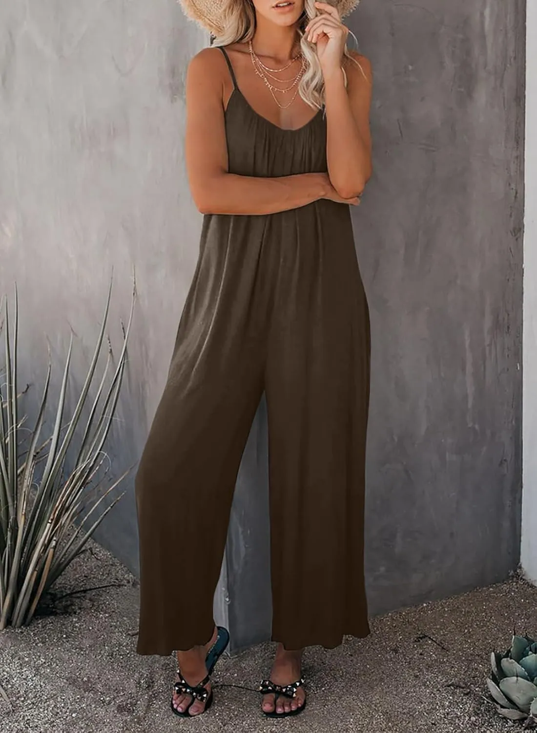 Happy Sailed Womens Casual Jumpsuits Loose Overalls Summer Sleeveless Stretchy Wide Leg Long Pants Romper with Pockets