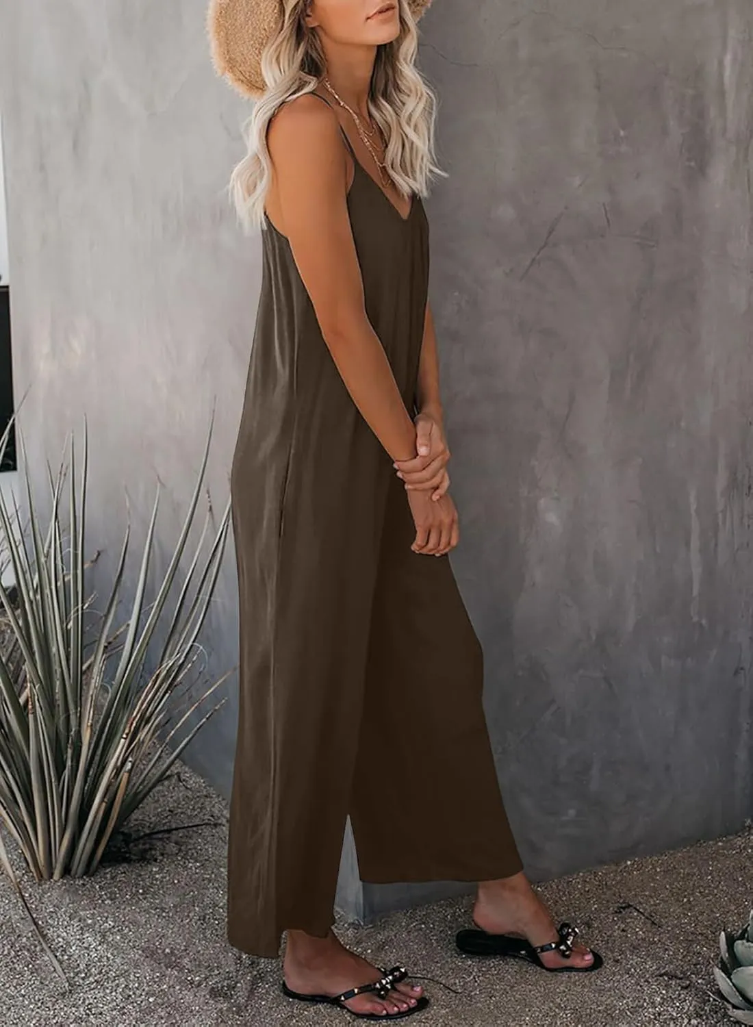 Happy Sailed Womens Casual Jumpsuits Loose Overalls Summer Sleeveless Stretchy Wide Leg Long Pants Romper with Pockets