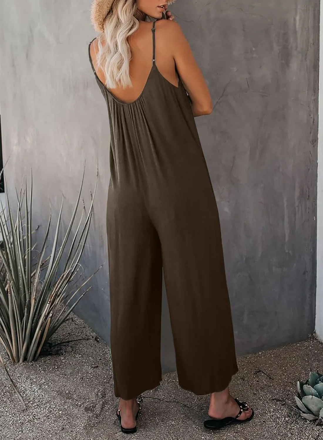 Happy Sailed Womens Casual Jumpsuits Loose Overalls Summer Sleeveless Stretchy Wide Leg Long Pants Romper with Pockets