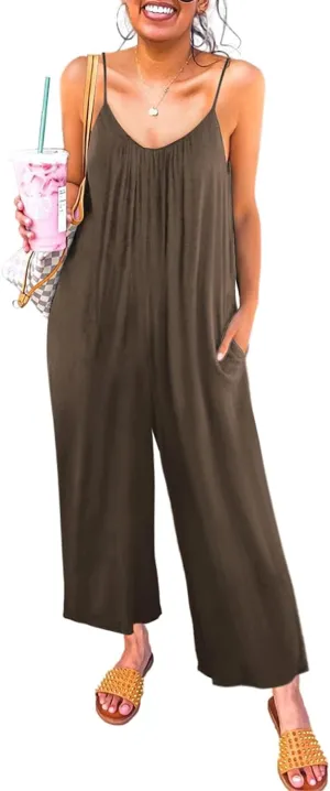 Happy Sailed Womens Casual Jumpsuits Loose Overalls Summer Sleeveless Stretchy Wide Leg Long Pants Romper with Pockets