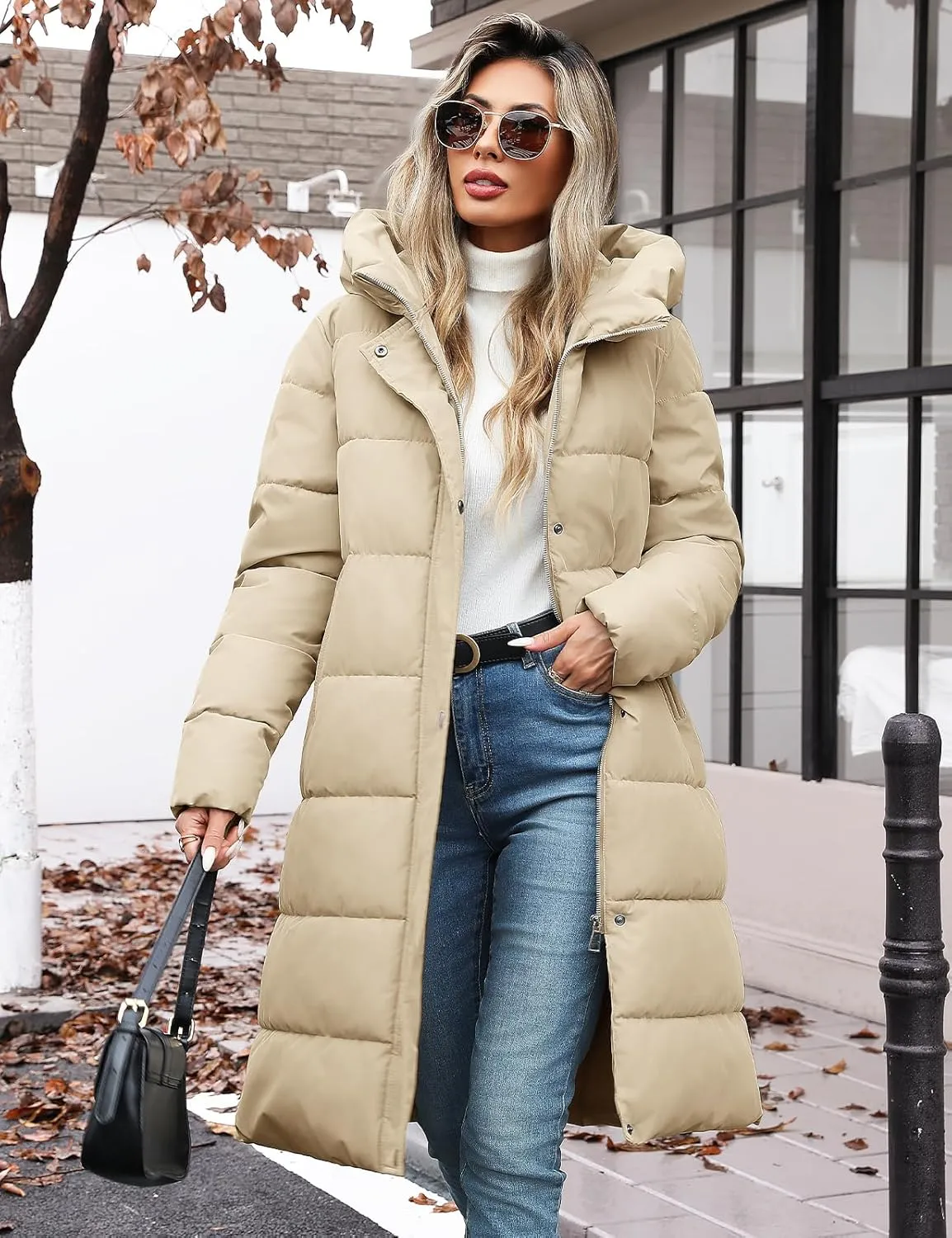 HEEKPEK Womens Winter Long Puffer Coats Down Thicken Warm Quilted Jacket Mid-Length with Side Zipper and Hood Outerwear