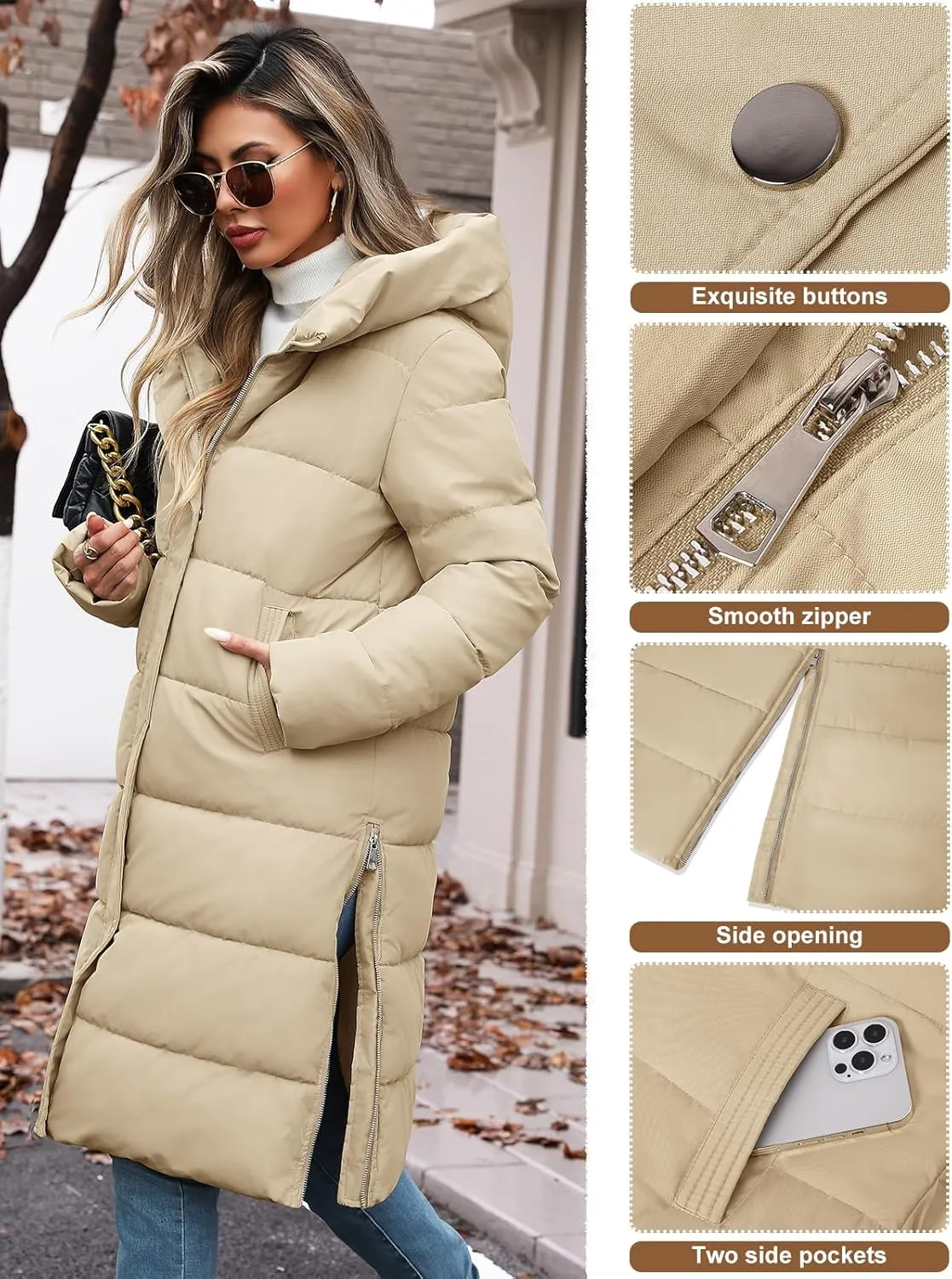 HEEKPEK Womens Winter Long Puffer Coats Down Thicken Warm Quilted Jacket Mid-Length with Side Zipper and Hood Outerwear