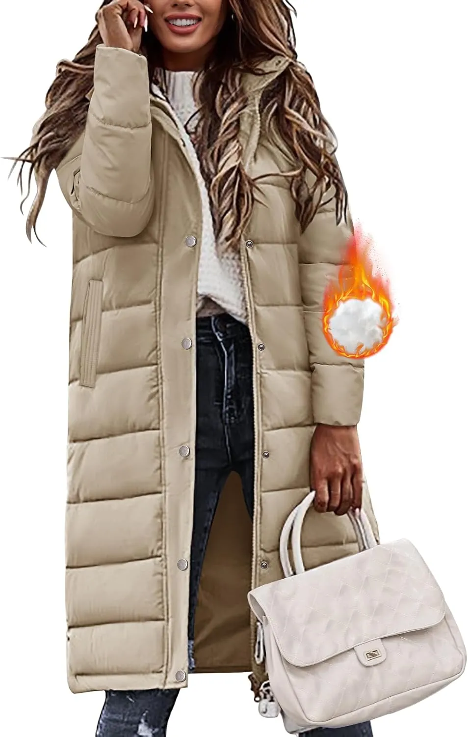 HEEKPEK Womens Winter Long Puffer Coats Down Thicken Warm Quilted Jacket Mid-Length with Side Zipper and Hood Outerwear