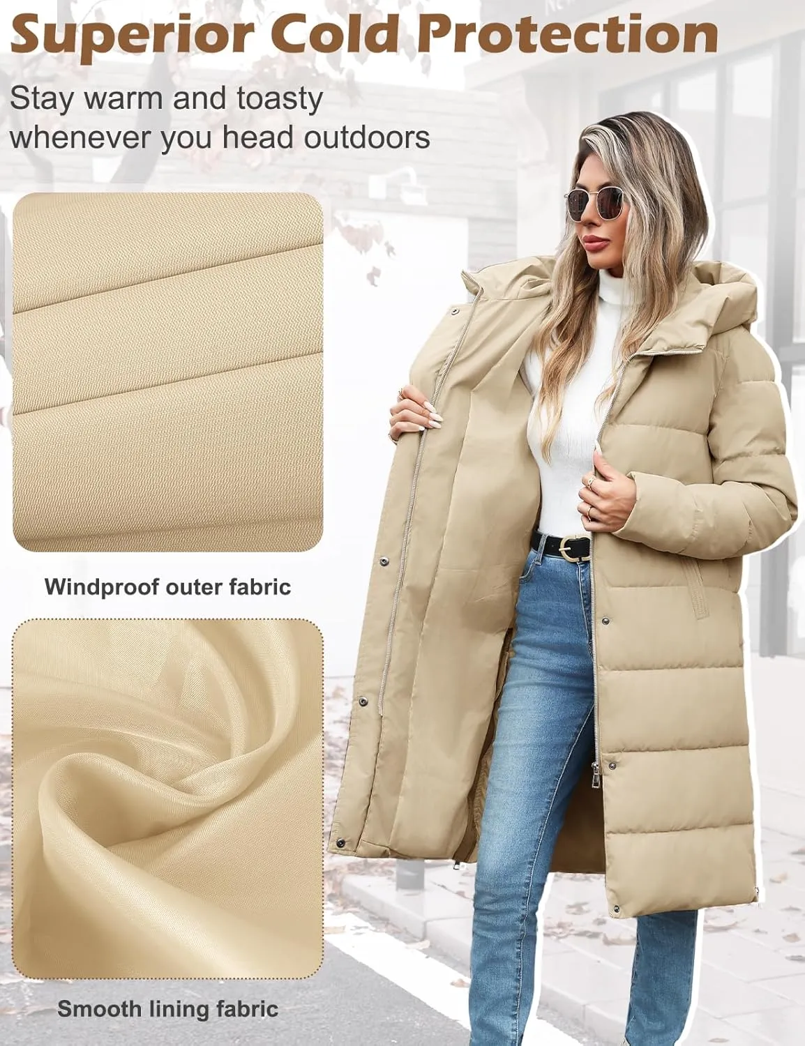 HEEKPEK Womens Winter Long Puffer Coats Down Thicken Warm Quilted Jacket Mid-Length with Side Zipper and Hood Outerwear
