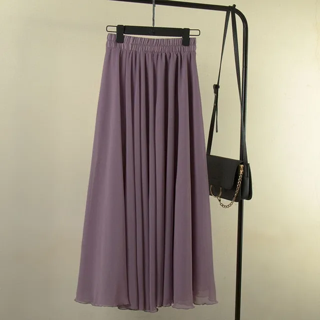 High Waist Solid Chiffon Pleated A-Line Maxi Skirt