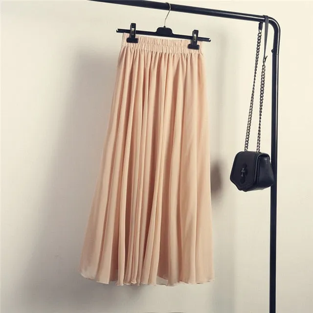 High Waist Solid Chiffon Pleated A-Line Maxi Skirt