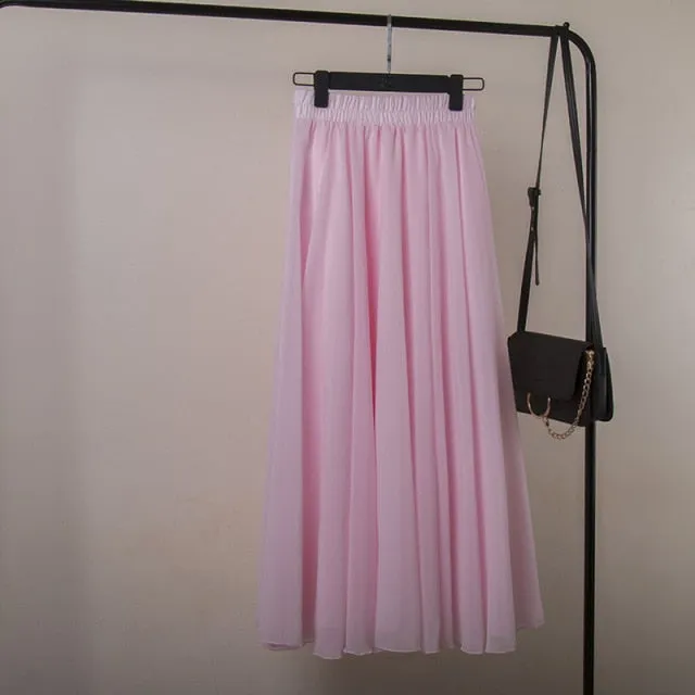 High Waist Solid Chiffon Pleated A-Line Maxi Skirt