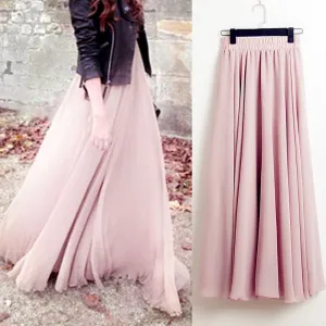 High Waist Solid Chiffon Pleated A-Line Maxi Skirt