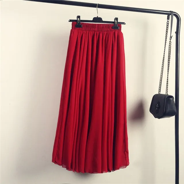 High Waist Solid Chiffon Pleated A-Line Maxi Skirt