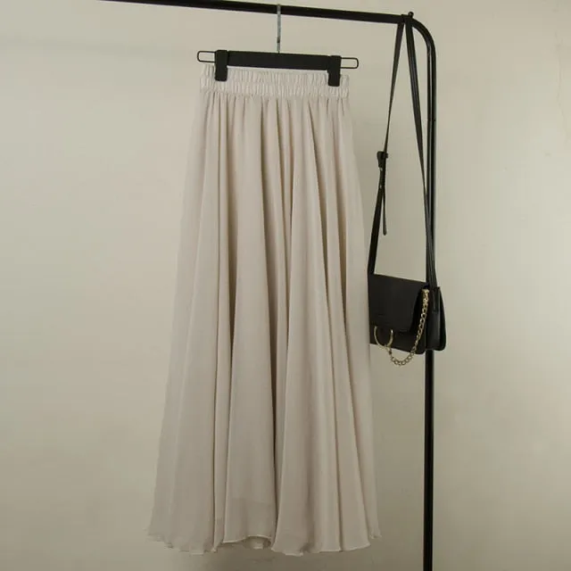 High Waist Solid Chiffon Pleated A-Line Maxi Skirt