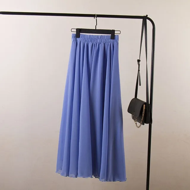 High Waist Solid Chiffon Pleated A-Line Maxi Skirt