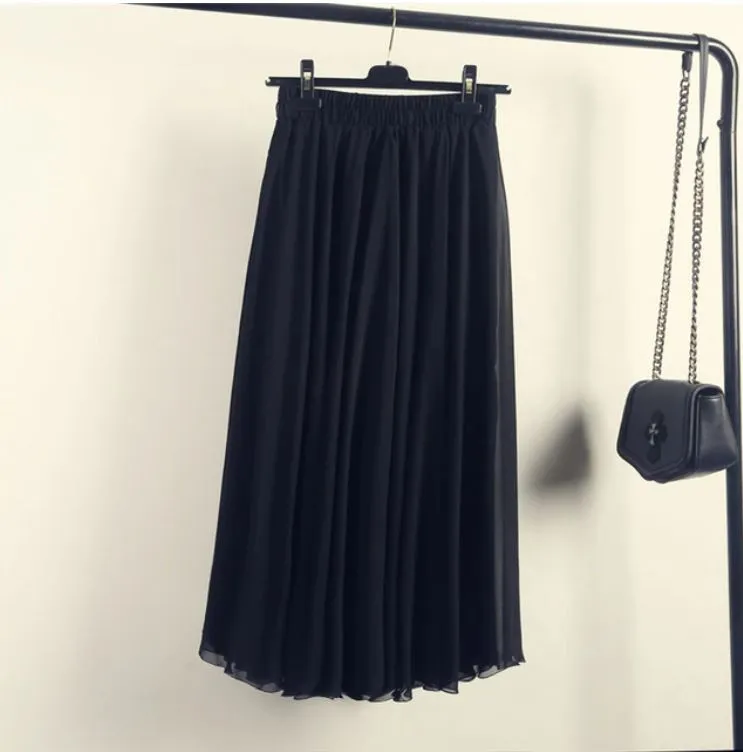 High Waist Solid Chiffon Pleated A-Line Maxi Skirt
