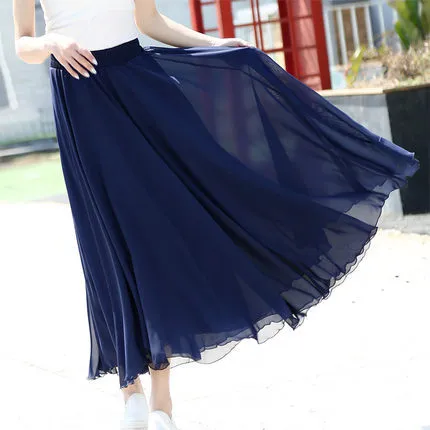 High Waist Solid Chiffon Pleated A-Line Maxi Skirt