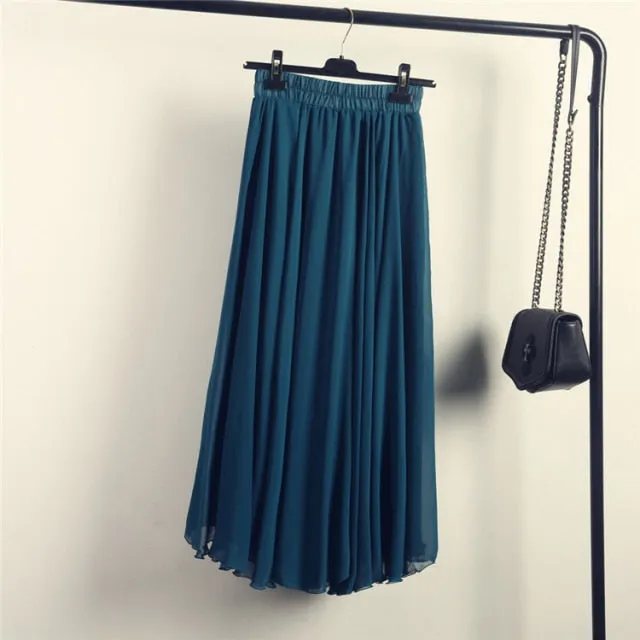 High Waist Solid Chiffon Pleated A-Line Maxi Skirt