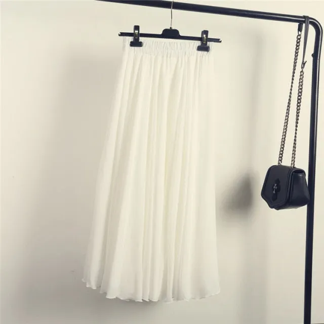 High Waist Solid Chiffon Pleated A-Line Maxi Skirt