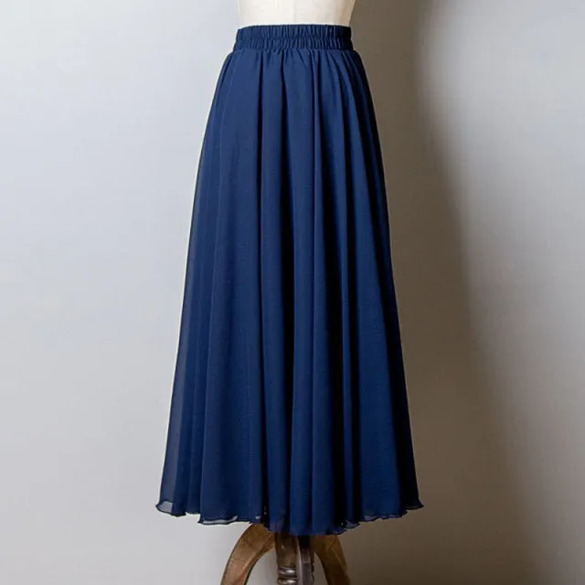 High Waist Solid Chiffon Pleated A-Line Maxi Skirt