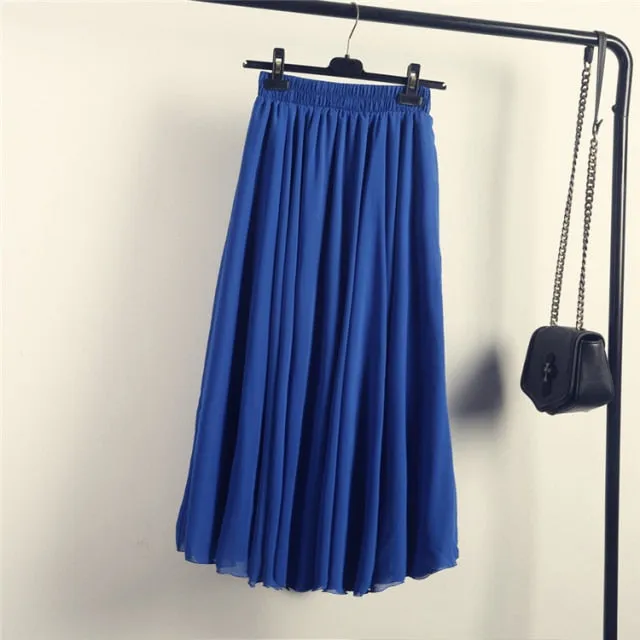 High Waist Solid Chiffon Pleated A-Line Maxi Skirt