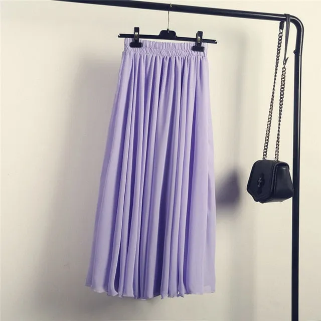 High Waist Solid Chiffon Pleated A-Line Maxi Skirt