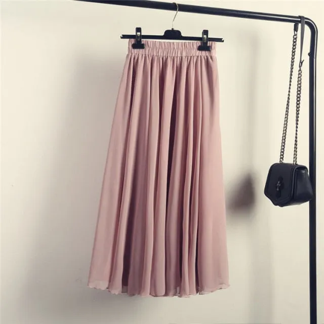High Waist Solid Chiffon Pleated A-Line Maxi Skirt
