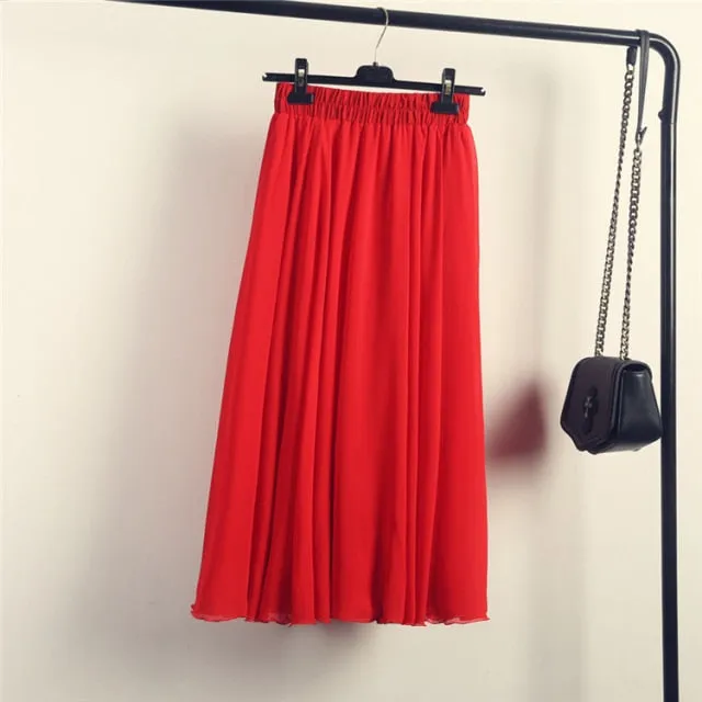 High Waist Solid Chiffon Pleated A-Line Maxi Skirt