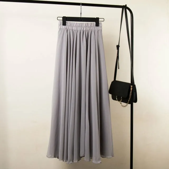 High Waist Solid Chiffon Pleated A-Line Maxi Skirt