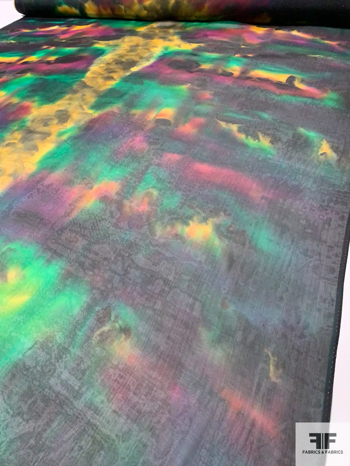 Italian Abstract Tie-Dye Printed Silk Chiffon - Green / Magenta / Yellow / Black