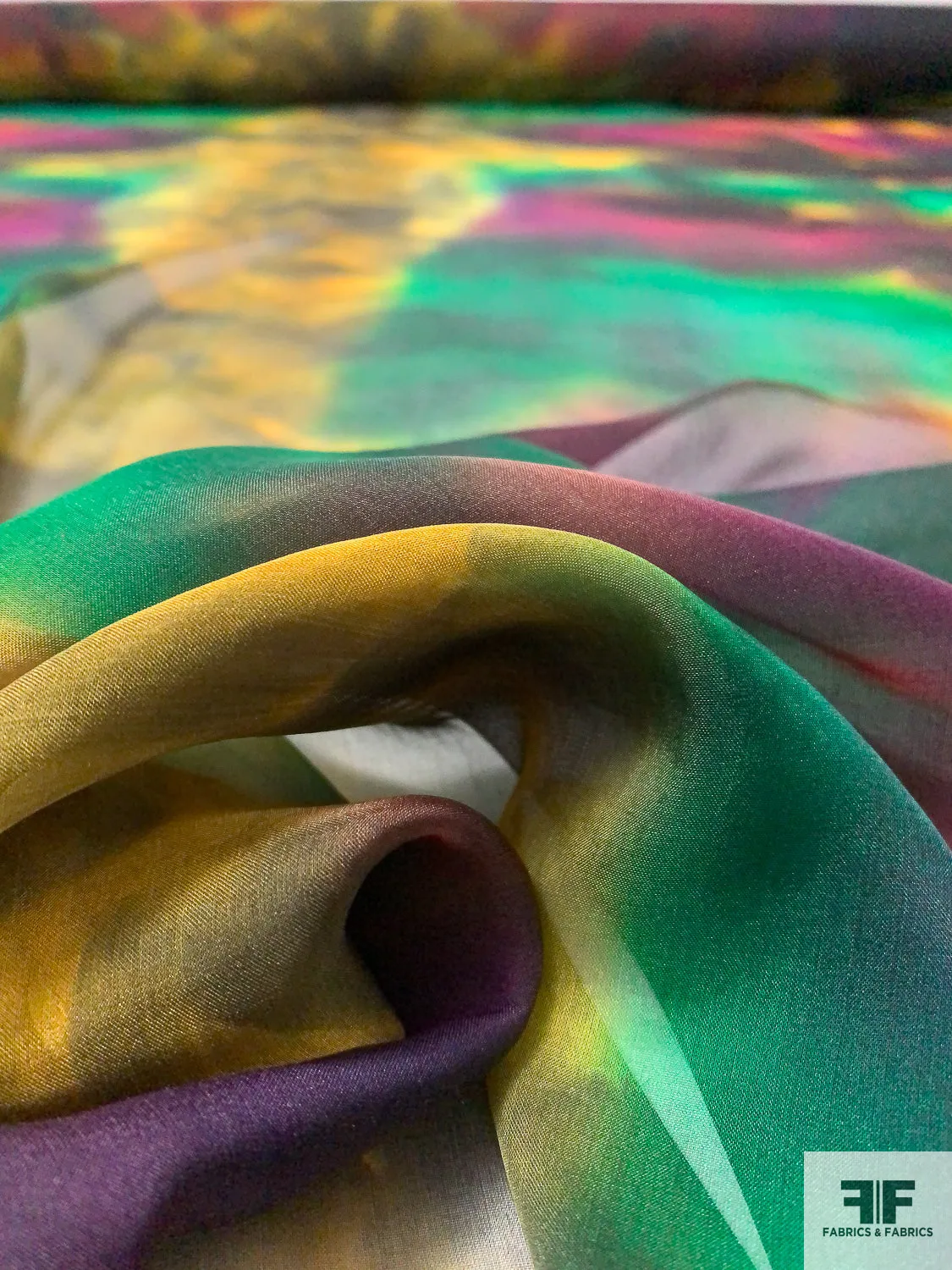 Italian Abstract Tie-Dye Printed Silk Chiffon - Green / Magenta / Yellow / Black
