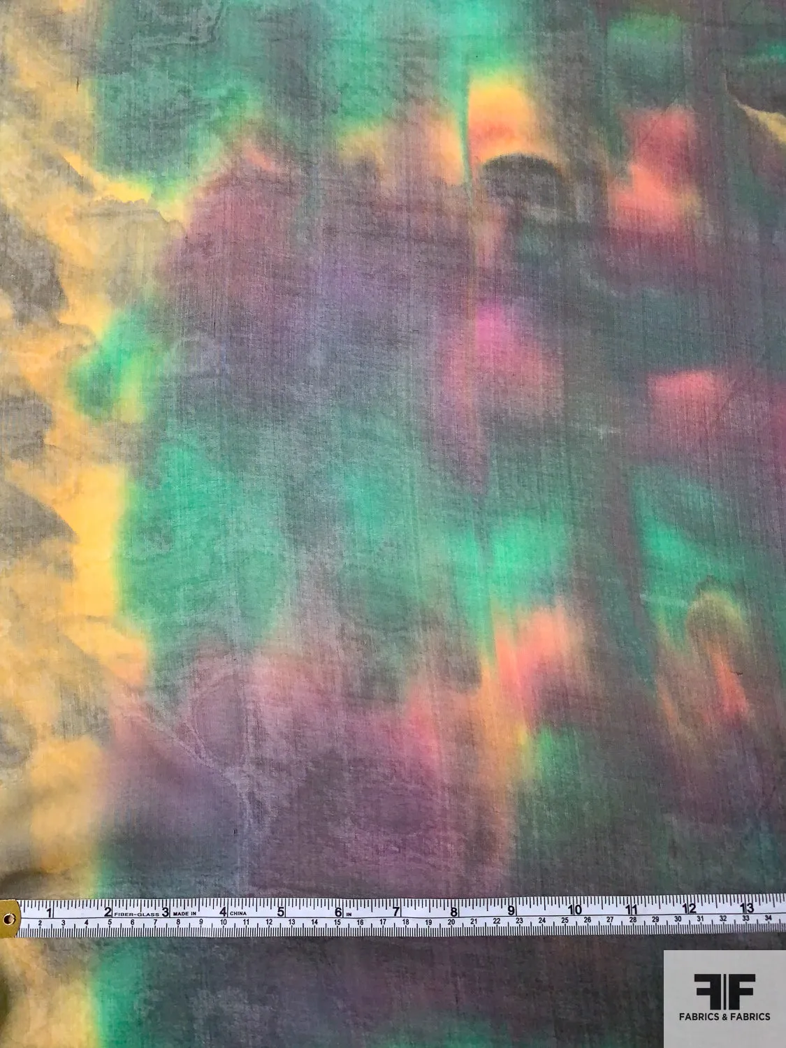 Italian Abstract Tie-Dye Printed Silk Chiffon - Green / Magenta / Yellow / Black