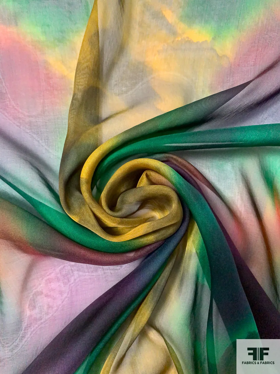 Italian Abstract Tie-Dye Printed Silk Chiffon - Green / Magenta / Yellow / Black