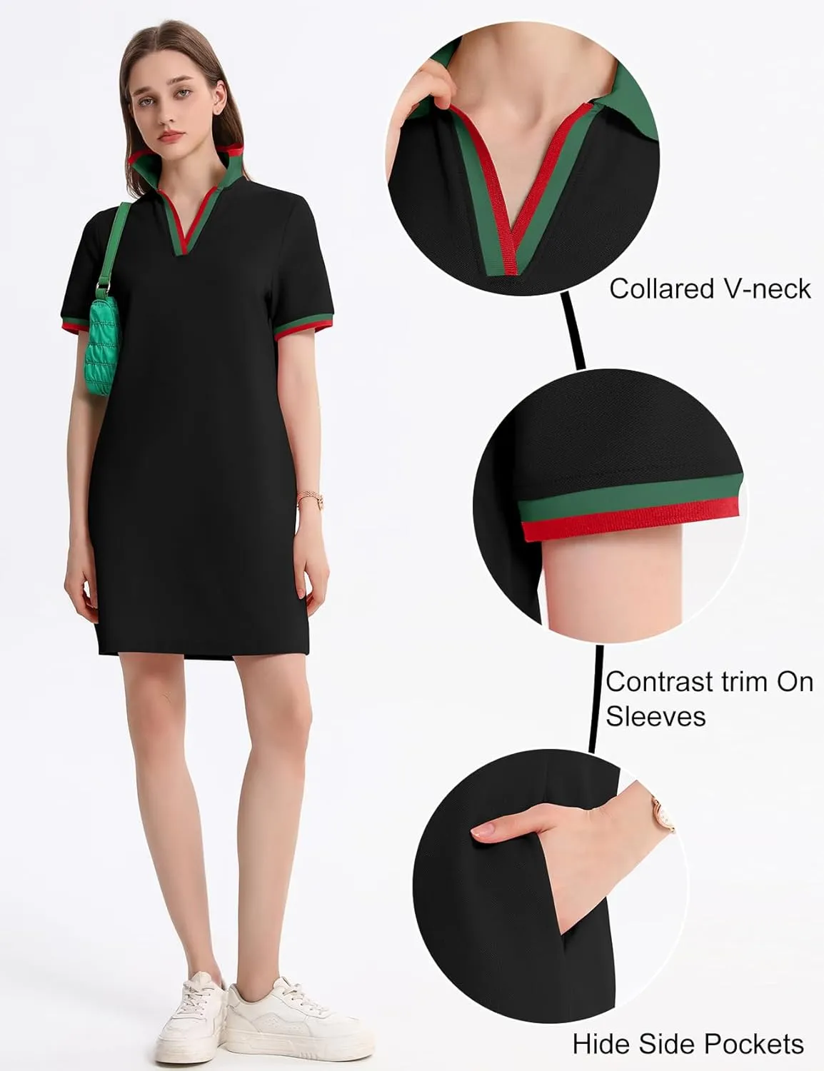 Kissonic Polo Dress for Women V Neck Short Sleeve Flowy Contrast Color Golf Tennis A Line T Shirt Dresses