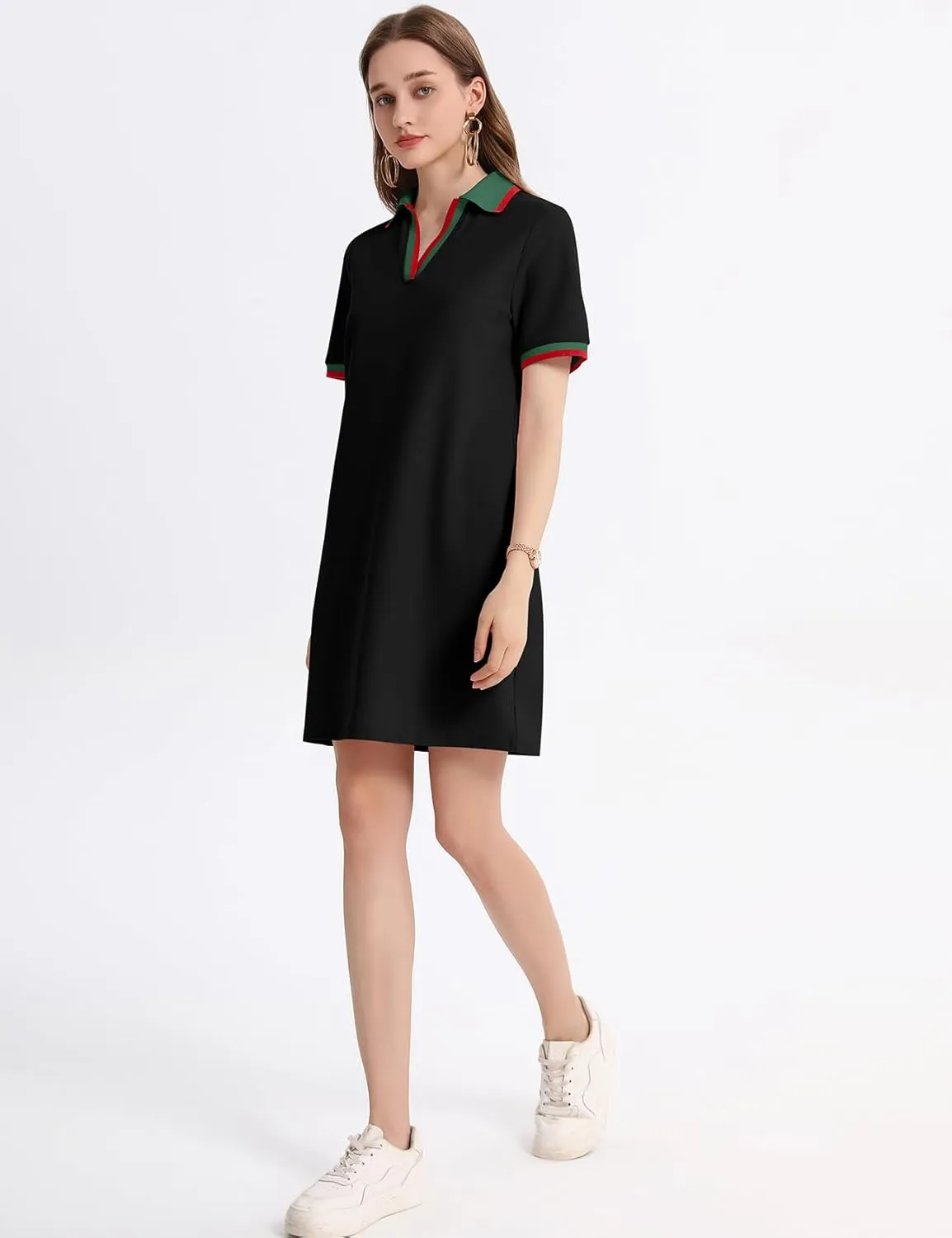 Kissonic Polo Dress for Women V Neck Short Sleeve Flowy Contrast Color Golf Tennis A Line T Shirt Dresses