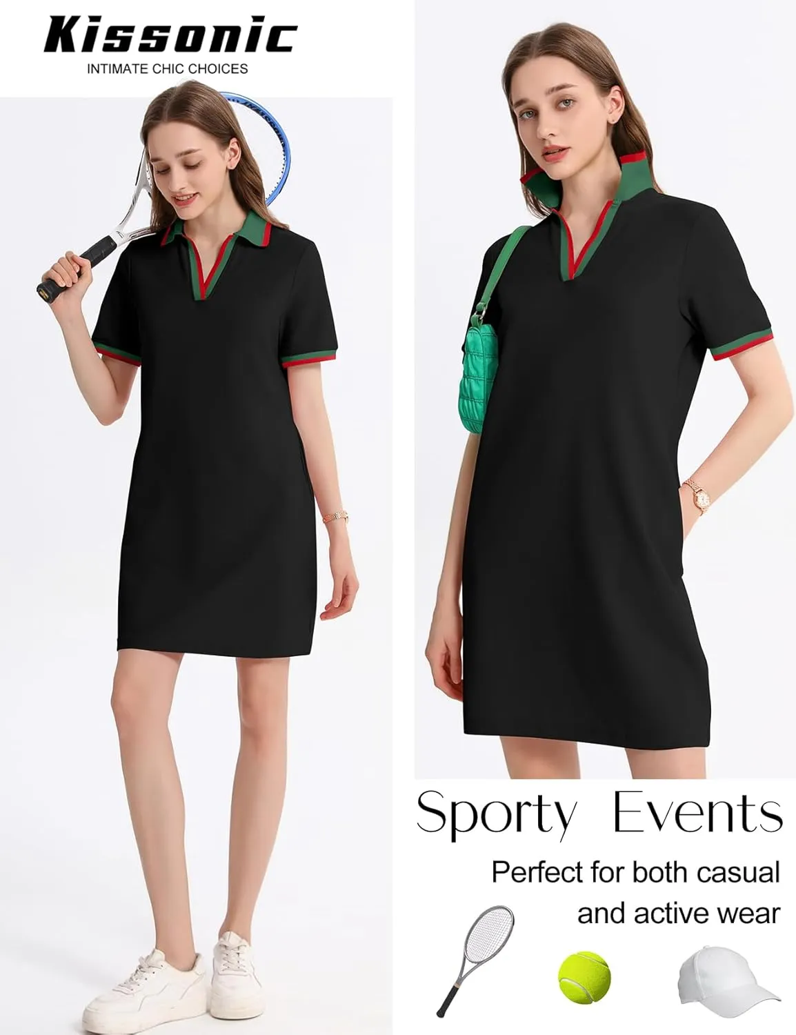 Kissonic Polo Dress for Women V Neck Short Sleeve Flowy Contrast Color Golf Tennis A Line T Shirt Dresses