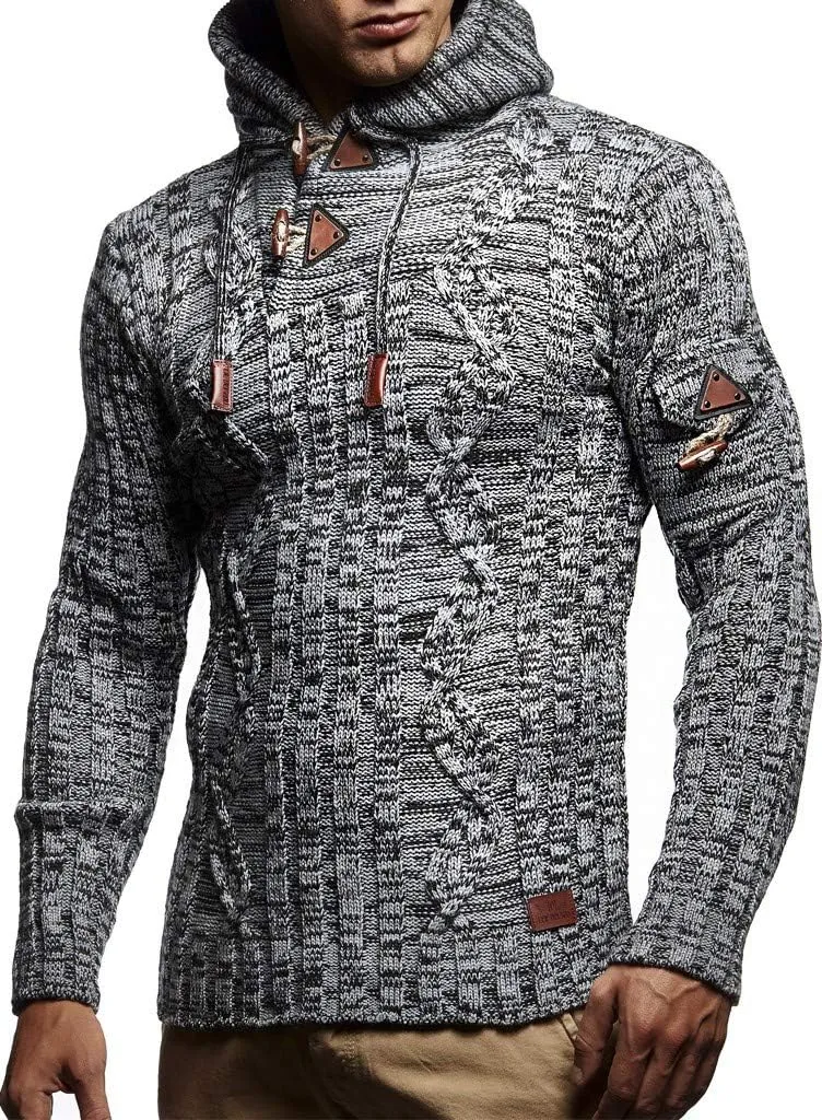 Leif Nelson Slim Pullover Sweaters for Men with Hoodie - Men's Knitted Sweater