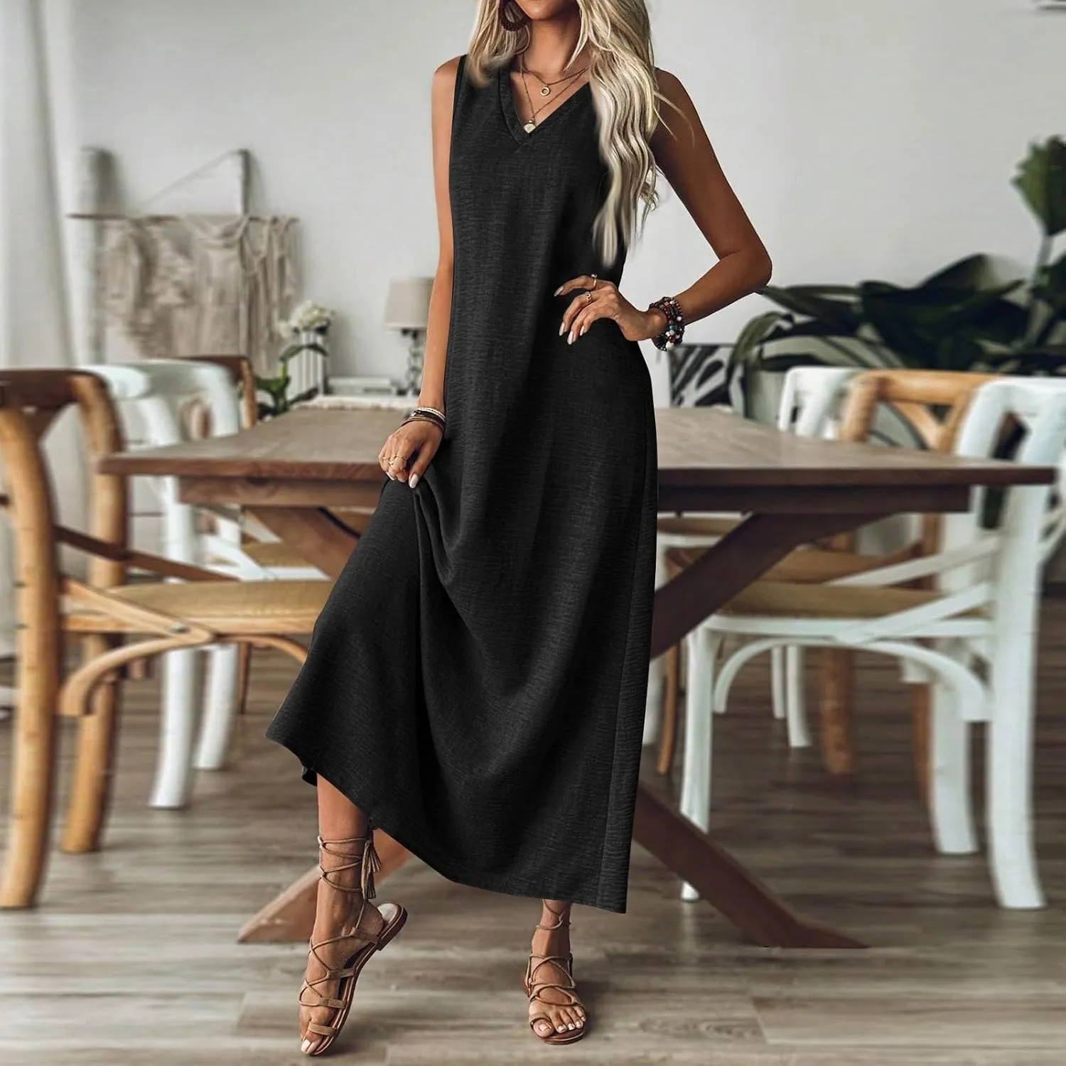 Linen Dress Women Sleeveless V Neck Tunic Boho Maxi Dress Casual Summer Modest Long Flowy Beach Vacation Sun Dresses