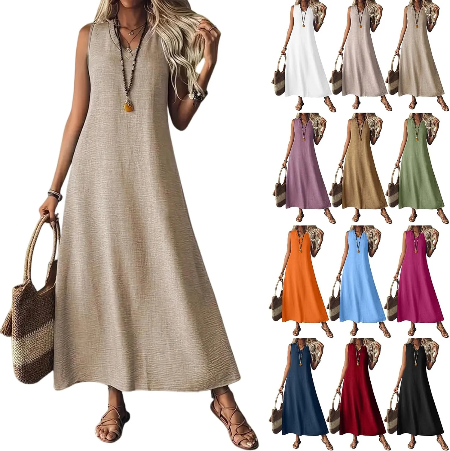 Linen Dress Women Sleeveless V Neck Tunic Boho Maxi Dress Casual Summer Modest Long Flowy Beach Vacation Sun Dresses