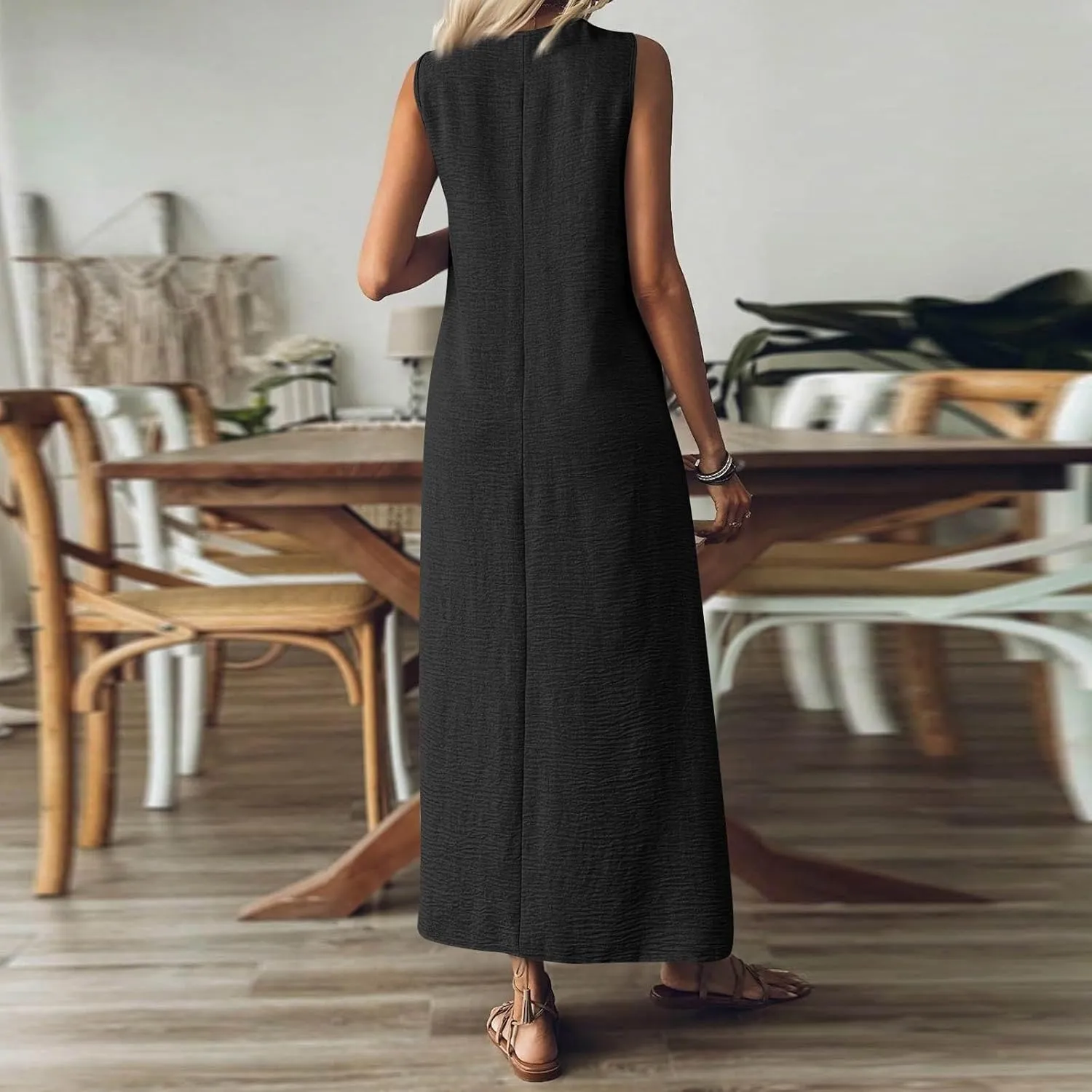 Linen Dress Women Sleeveless V Neck Tunic Boho Maxi Dress Casual Summer Modest Long Flowy Beach Vacation Sun Dresses