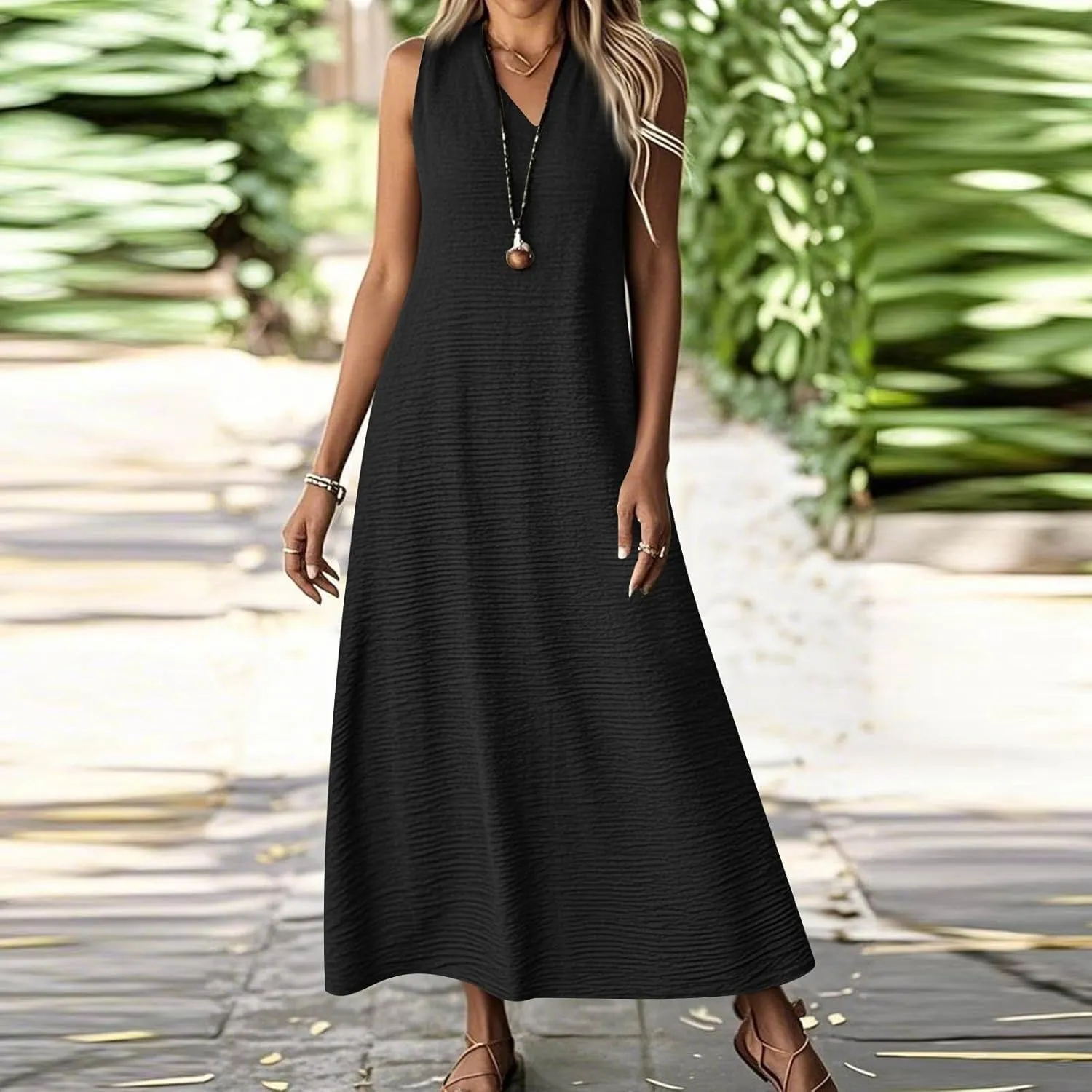 Linen Dress Women Sleeveless V Neck Tunic Boho Maxi Dress Casual Summer Modest Long Flowy Beach Vacation Sun Dresses