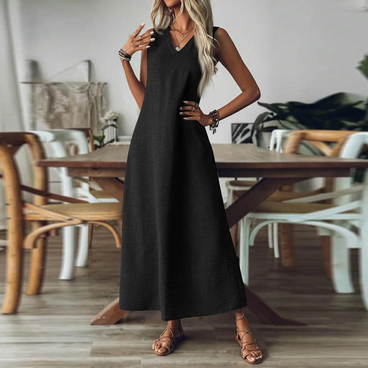 Linen Dress Women Sleeveless V Neck Tunic Boho Maxi Dress Casual Summer Modest Long Flowy Beach Vacation Sun Dresses