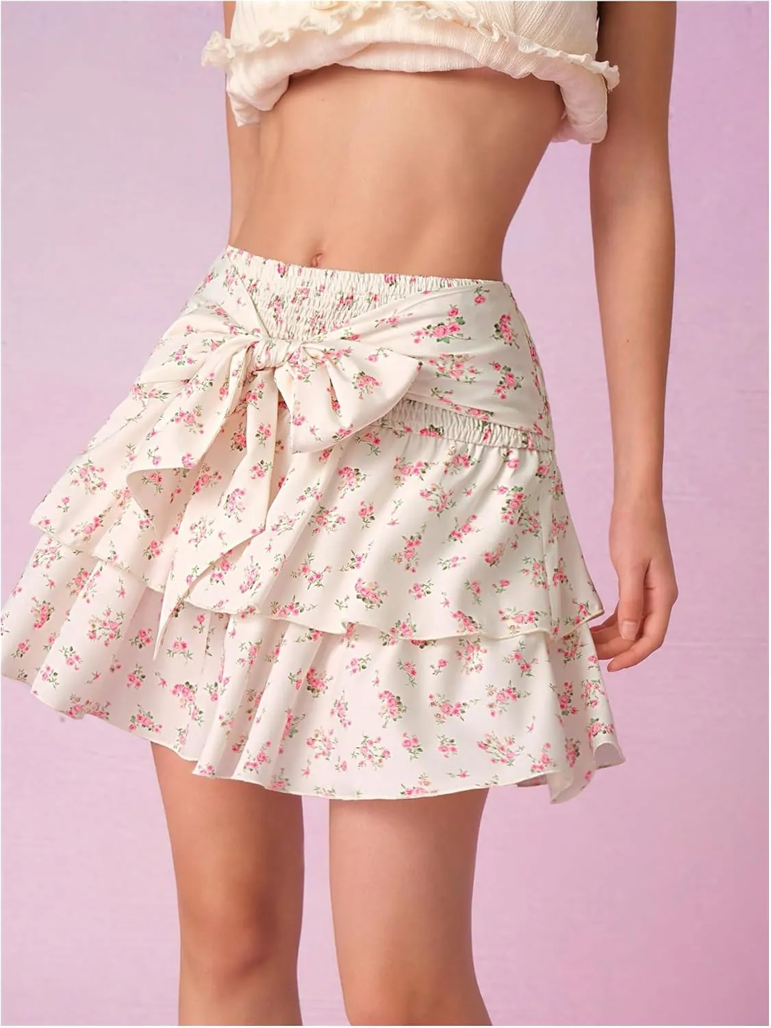 MakeMeChic Women's Floral Mini Skirt Tiered Tie Front Ruffle Smocked Summer Skirts