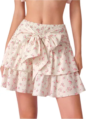 MakeMeChic Women's Floral Mini Skirt Tiered Tie Front Ruffle Smocked Summer Skirts