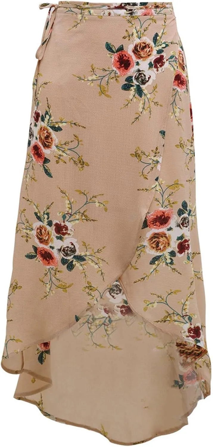 Maxi Skirts for Women Summer Floral Print Hight Waisted Boho Skirt with Split Tie Up Wrap Long Skirt Beach Vacation Clothes