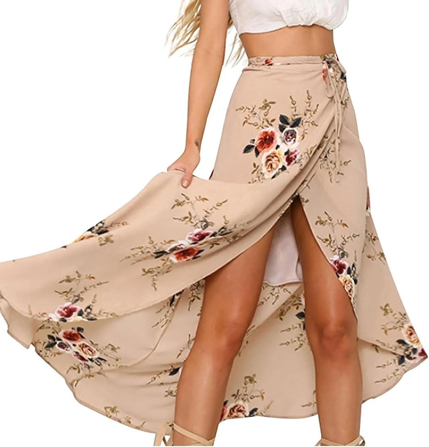 Maxi Skirts for Women Summer Floral Print Hight Waisted Boho Skirt with Split Tie Up Wrap Long Skirt Beach Vacation Clothes