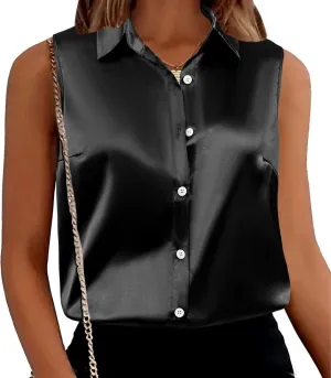 Maysoar Satin Tank Tops Button Down Silk Shirts for Women Sleeveless Top Elegant Summer Office Work Shirt