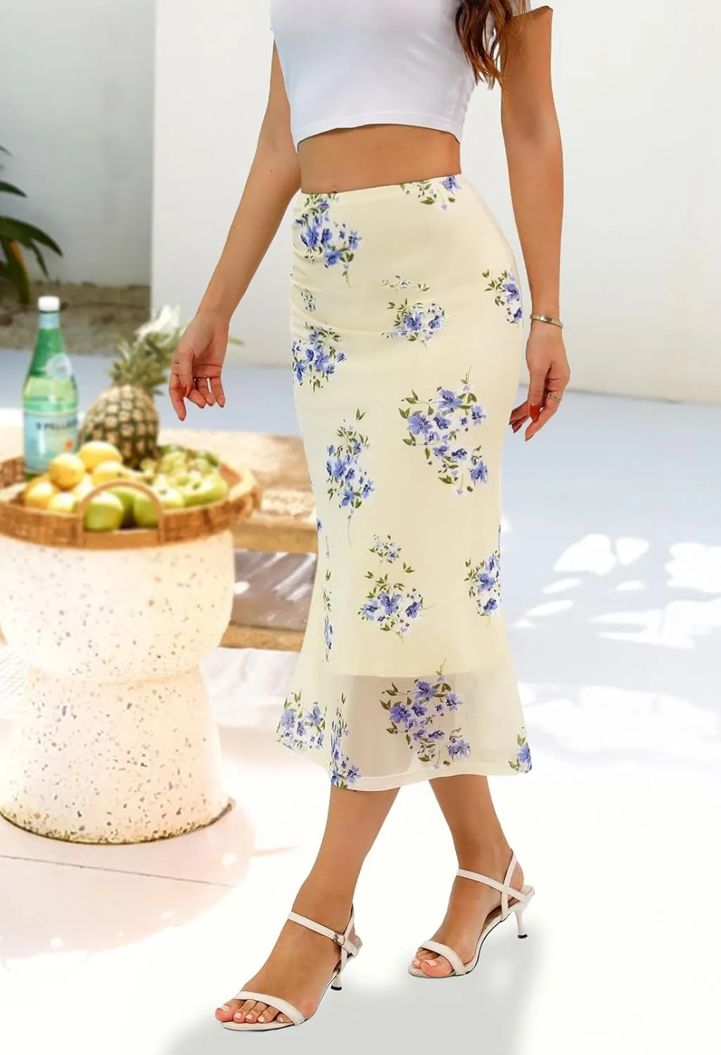 MEROKEETY Women's Summer Floral Mesh Midi Skirt 2025 Casual Trendy High Waist Ruched Boho Skirts