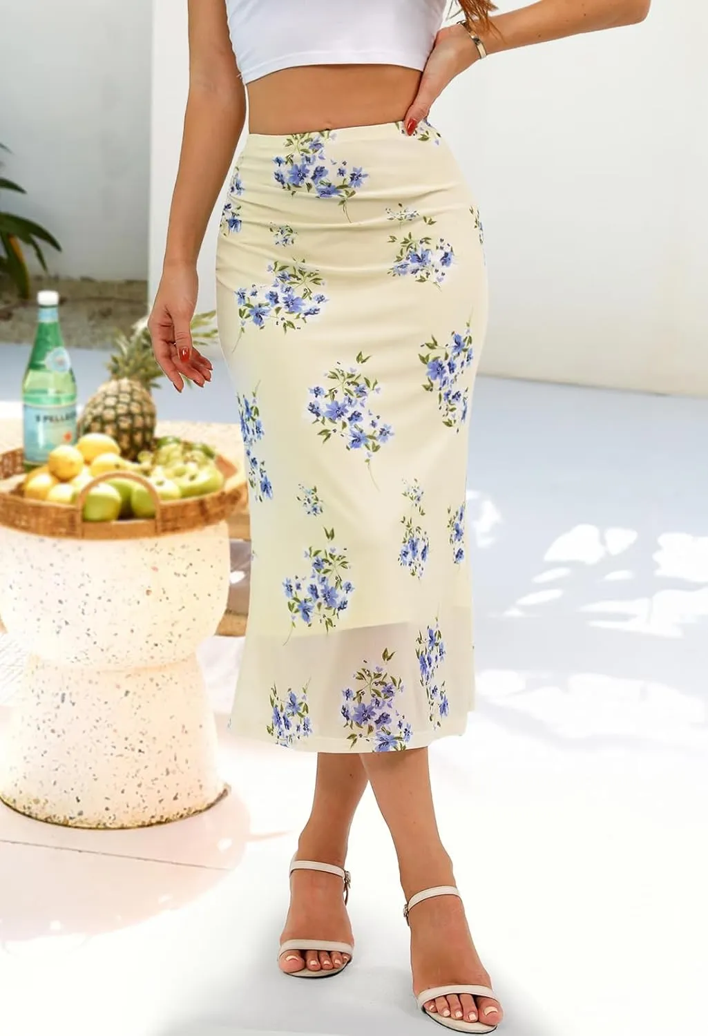 MEROKEETY Women's Summer Floral Mesh Midi Skirt 2025 Casual Trendy High Waist Ruched Boho Skirts