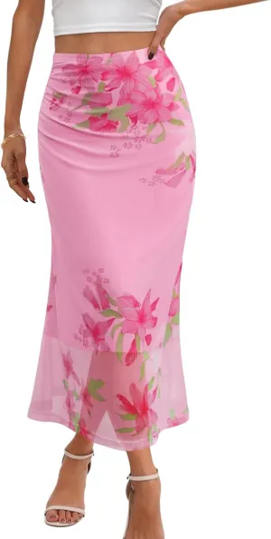 MEROKEETY Women's Summer Floral Mesh Midi Skirt 2025 Casual Trendy High Waist Ruched Boho Skirts